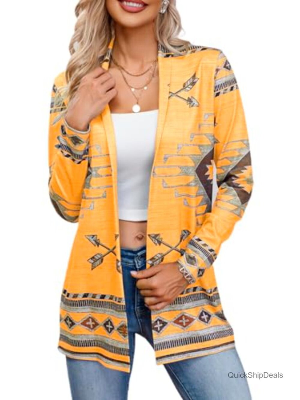 Aztec Printed Open Front Shawl Collar Cardigan Sweater Coat